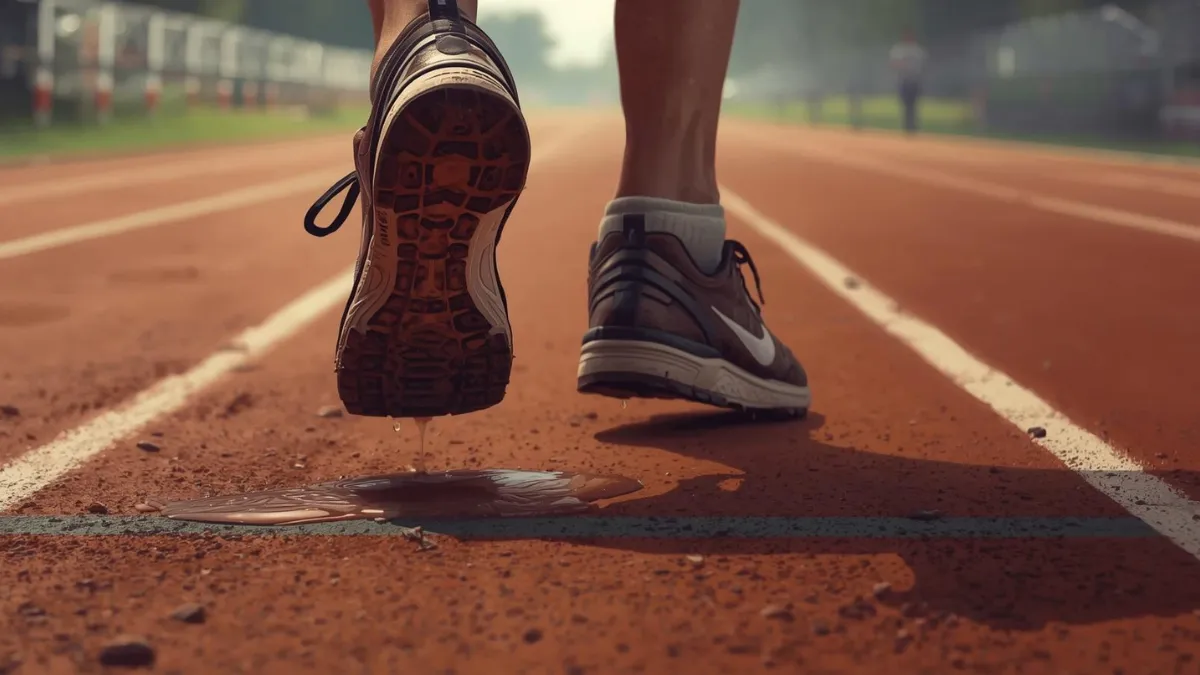 Close-up of worn-out running shoes on dusty track